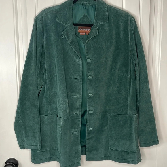 STAN HERMAN STUDIO GREEN LONG SLEEVE BUTTON FRONT LEATHER JACKET SZ XL - Picture 1 of 12